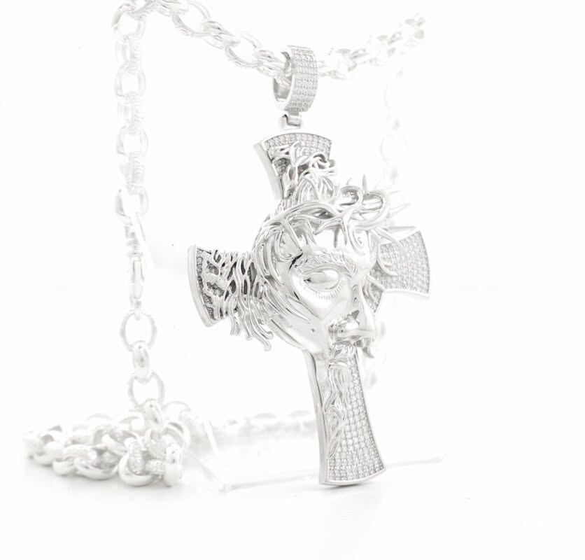 Solid Silver Large Jesus Face Cross Pendant