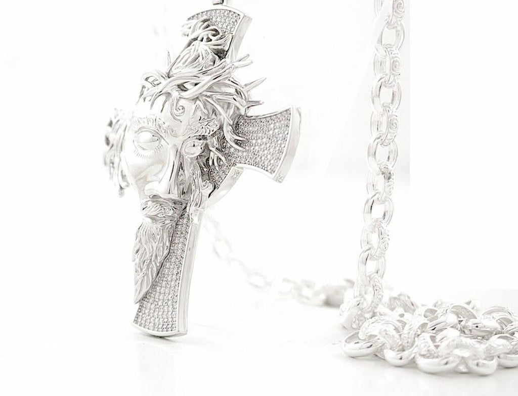 Solid Silver Large Jesus Face Cross Pendant
