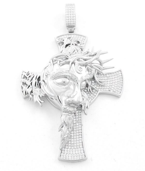 Solid Silver Large Jesus Face Cross Pendant