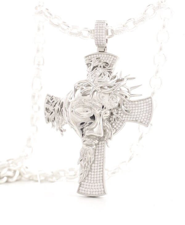 Solid Silver Large Jesus Face Cross Pendant