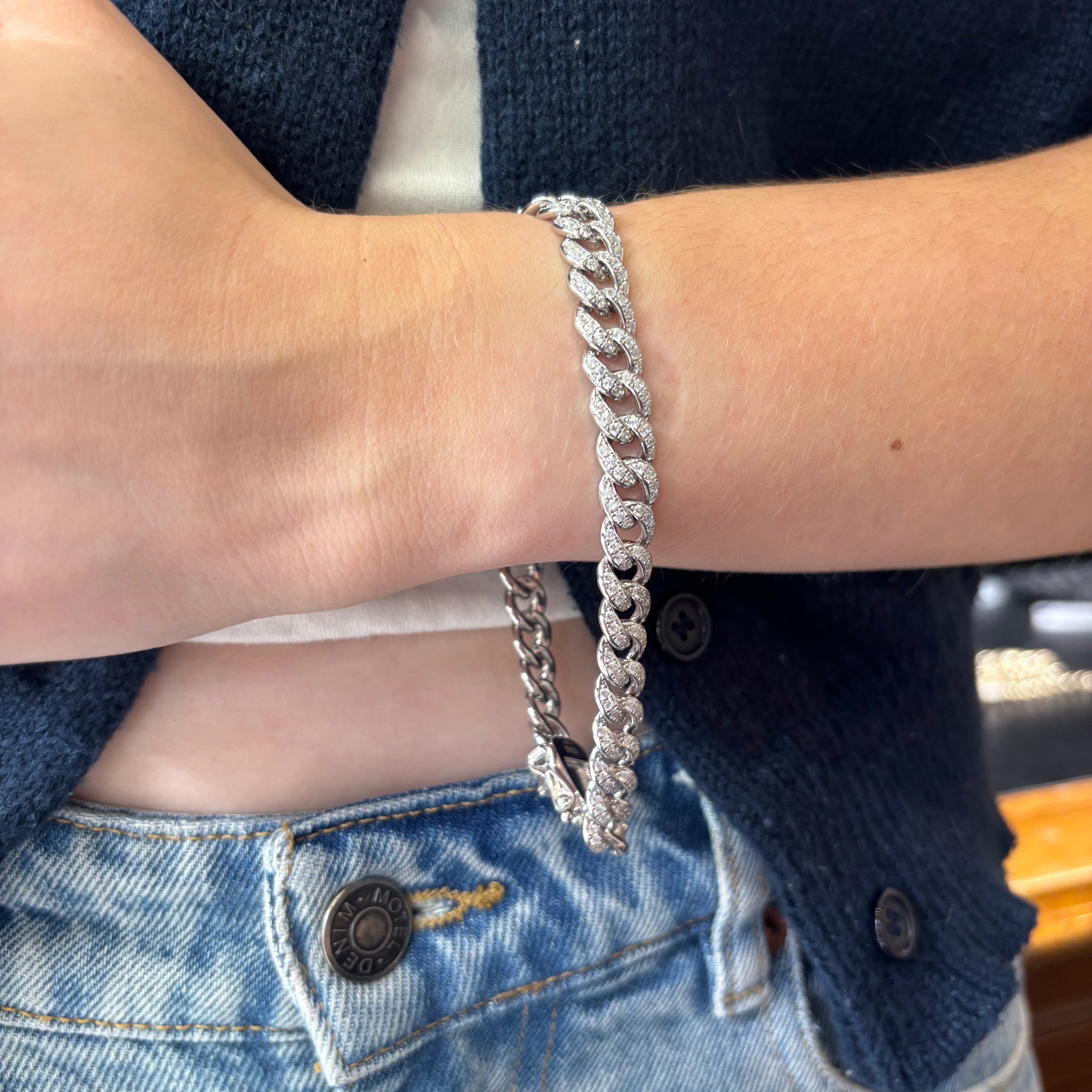 Solid Silver Stone Set Cuban Bracelet