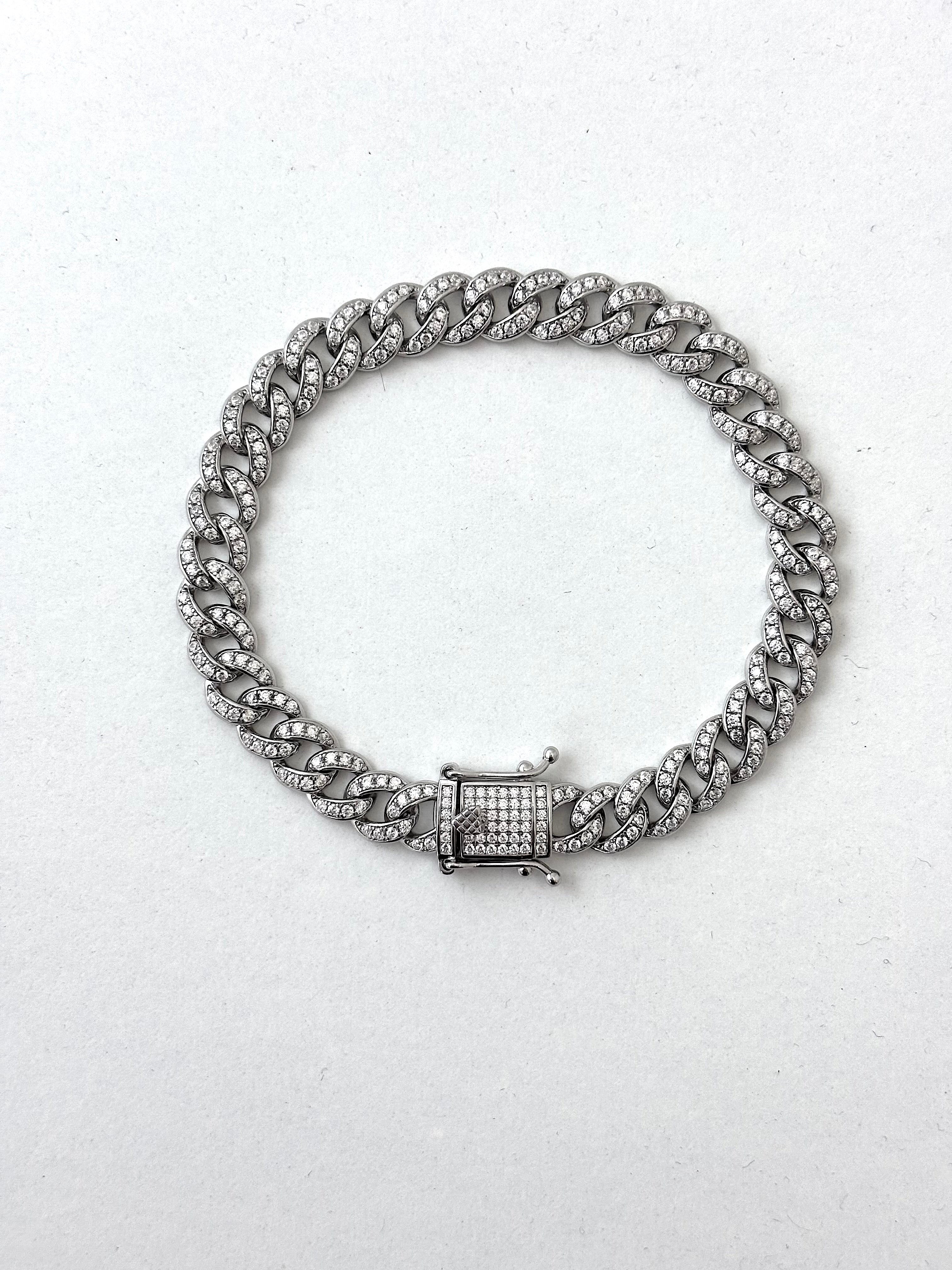 Solid Silver Stone Set Cuban Bracelet
