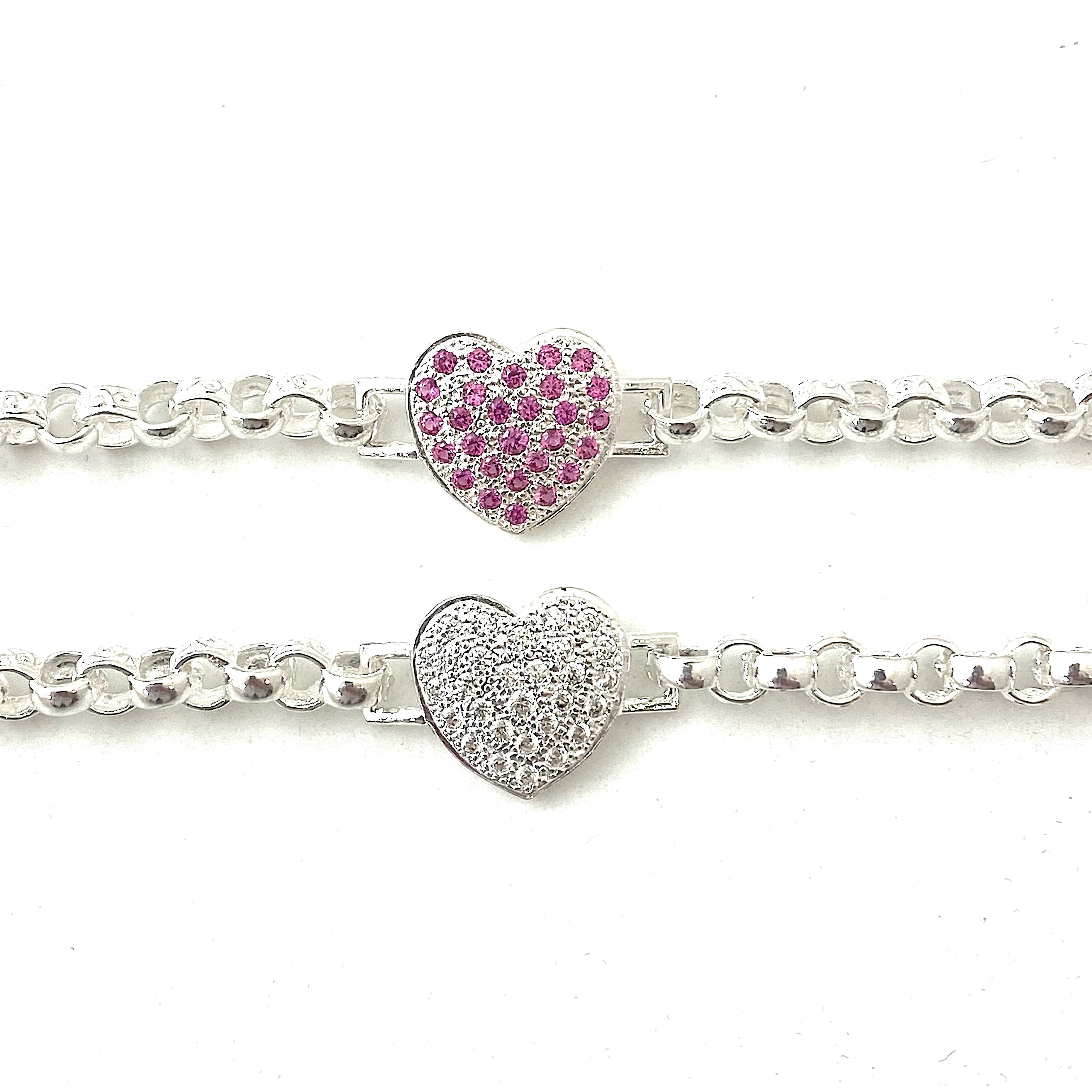 Solid Silver Hot Pink And White Full Love Heart Belcher Bracelet