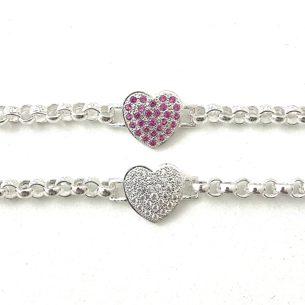 Solid Silver Hot Pink And White Full Love Heart Belcher Bracelet