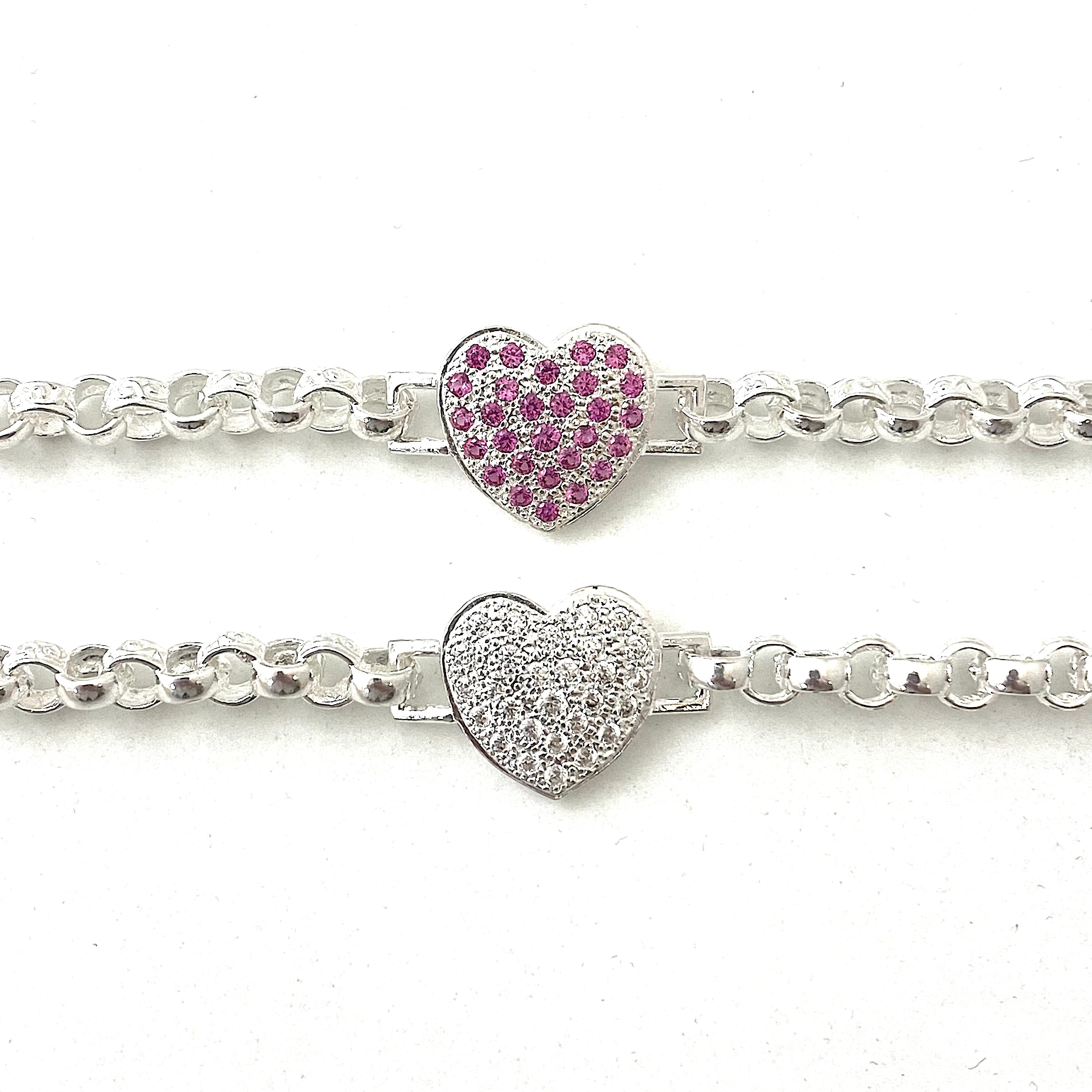 Solid Silver Hot Pink And White Full Love Heart Belcher Bracelet
