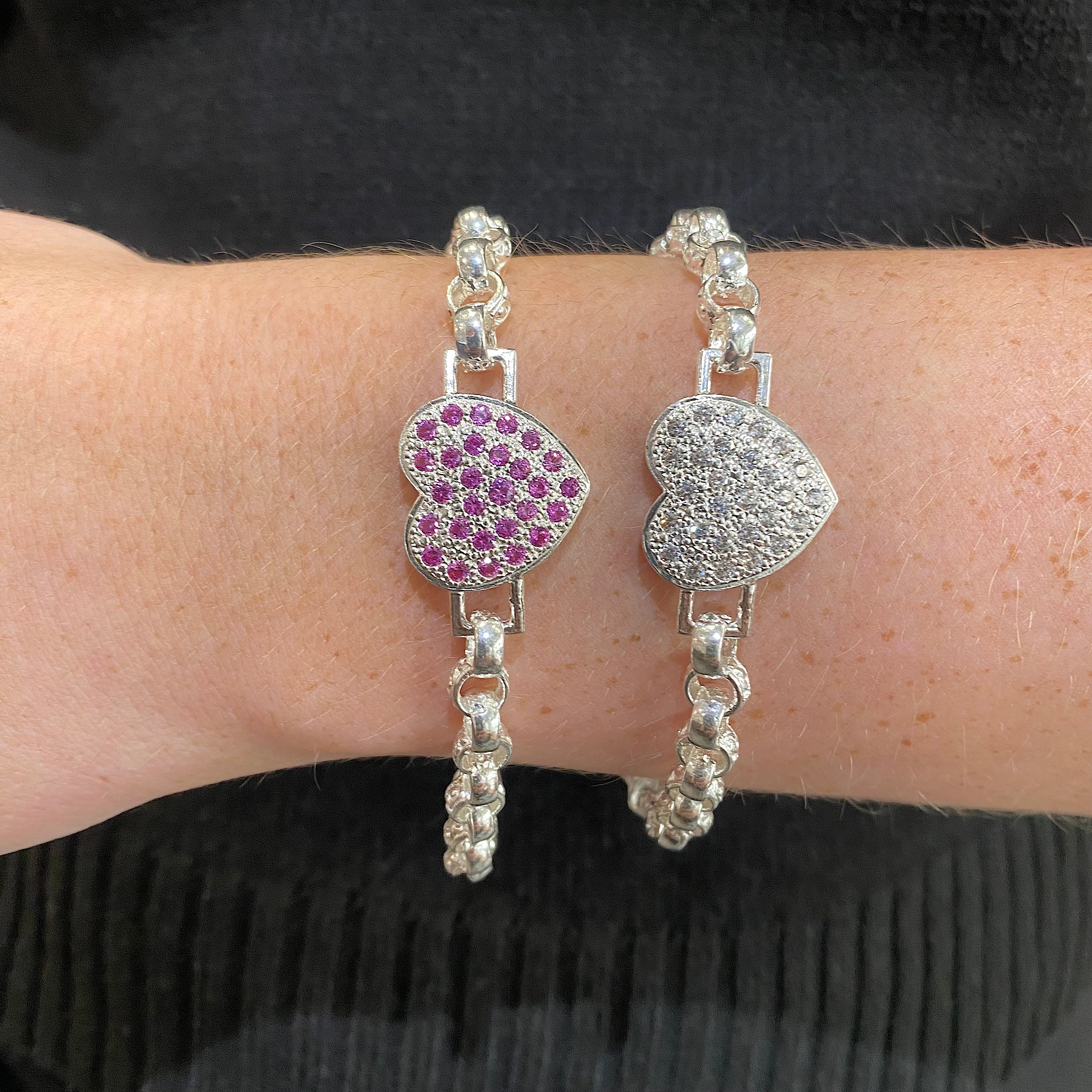 Solid Silver Hot Pink And White Full Love Heart Belcher Bracelet