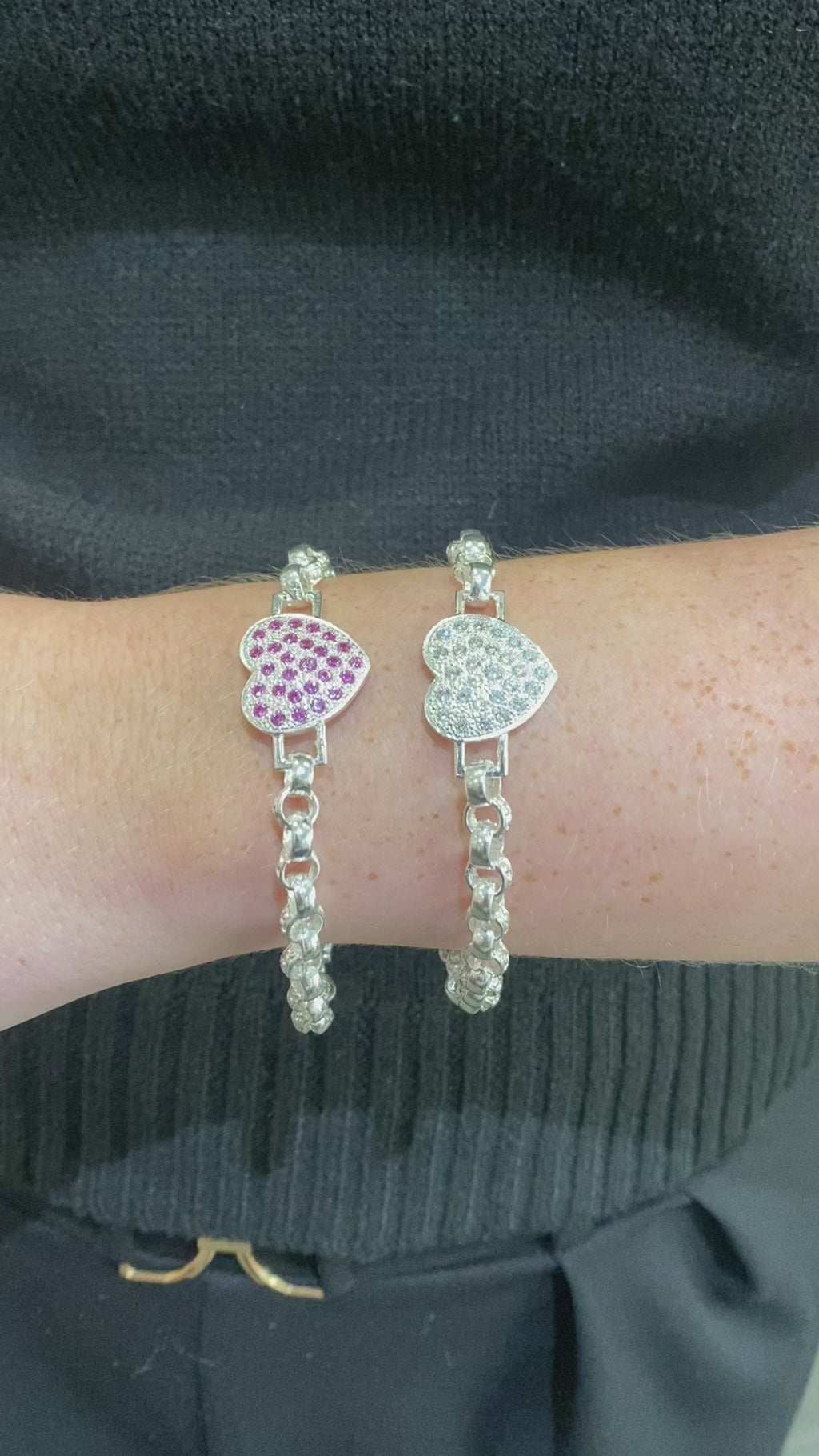 Solid Silver Hot Pink And White Full Love Heart Belcher Bracelet